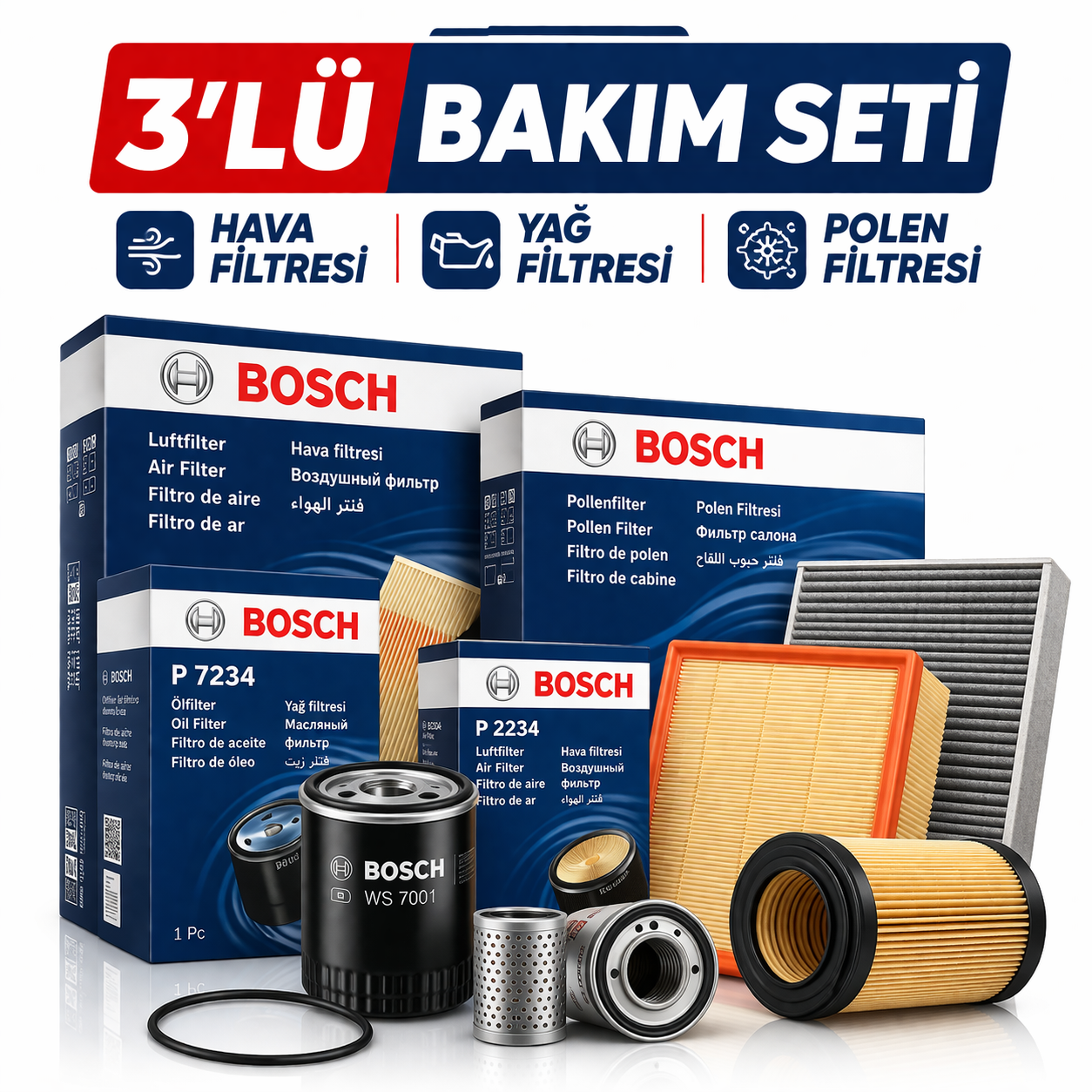 Bosch 3 lü bakım seti yağsız BOSCH Mercedes E200 CGI Filtre Bakım Seti (2010-2013) 3 Lü - Görsel 1
