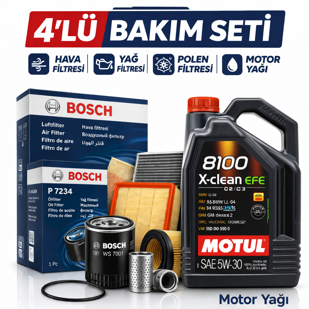 Bosch-4-lu-bakim-seti-motul-1 Bosch Audi A3 1.2 Tfsi Motul X-Clean 5W-30 Motor Yağı Filtre Seti (2013-2016) 4 Lü - Görsel 1